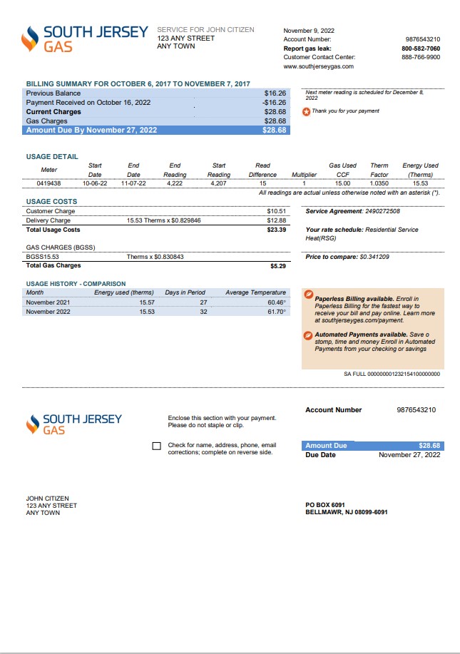 USA New Jersey South Jersey Gas utility bill template in Word and PDF format